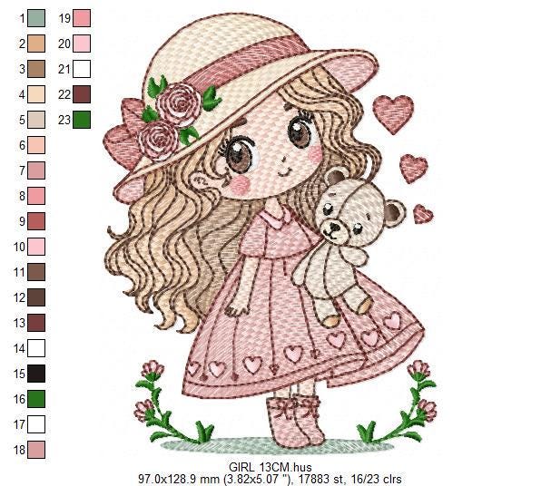 Baby girl with teddy bear embroidery designs - Princess with roses, long hair and hat machine embroidery pattern - Instant digital download