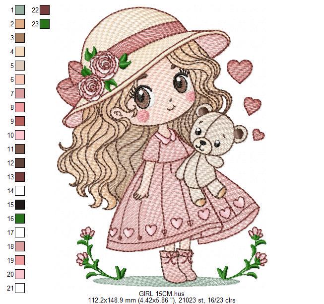 Baby girl with teddy bear embroidery designs - Princess with roses, long hair and hat machine embroidery pattern - Instant digital download