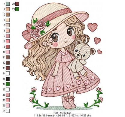 Baby girl with teddy bear embroidery designs - Princess with roses, long hair and hat machine embroidery pattern - Instant digital download
