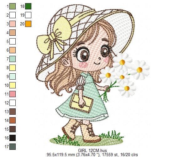 Baby girl with teddy bear embroidery designs - Princess with daisies, long hair, hat machine embroidery pattern - Instant digital download