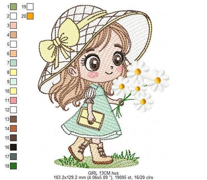 Baby girl with teddy bear embroidery designs - Princess with daisies, long hair, hat machine embroidery pattern - Instant digital download