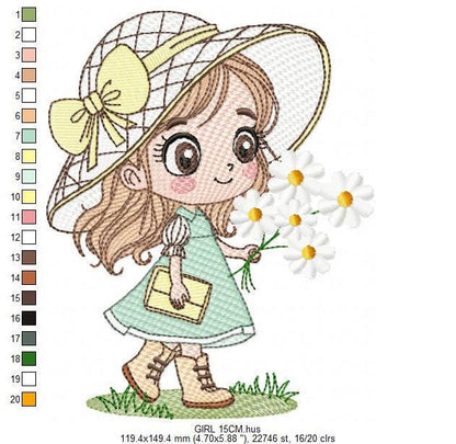 Baby girl with teddy bear embroidery designs - Princess with daisies, long hair, hat machine embroidery pattern - Instant digital download