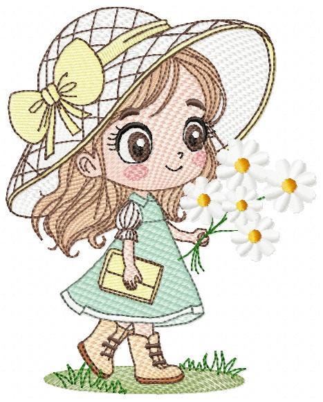 Baby girl with teddy bear embroidery designs - Princess with daisies, long hair, hat machine embroidery pattern - Instant digital download
