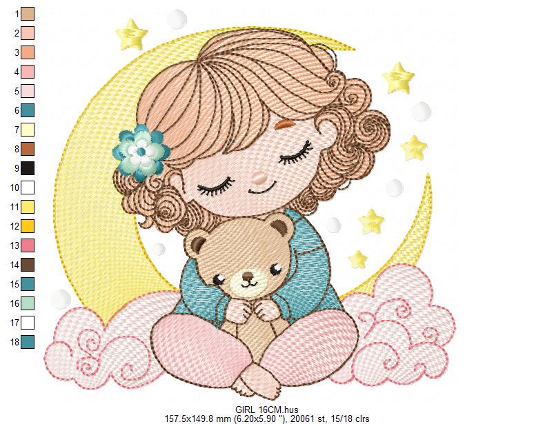 Baby girl with moon embroidery designs - Girl with short hair machine embroidery pattern - Princess with teddy bear file - Instant download