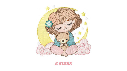 Baby girl with moon embroidery designs - Girl with short hair machine embroidery pattern - Princess with teddy bear file - Instant download