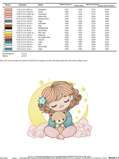 Baby girl with moon embroidery designs - Girl with short hair machine embroidery pattern - Princess with teddy bear file - Instant download