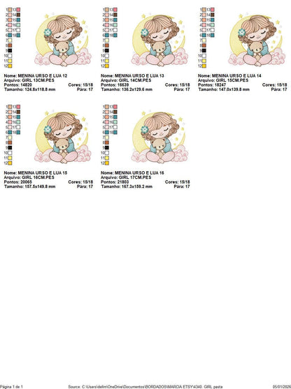 Baby girl with moon embroidery designs - Girl with short hair machine embroidery pattern - Princess with teddy bear file - Instant download