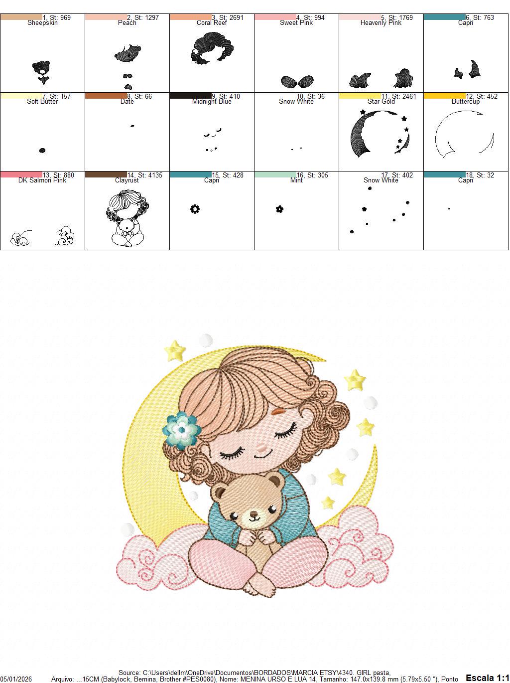 Baby girl with moon embroidery designs - Girl with short hair machine embroidery pattern - Princess with teddy bear file - Instant download
