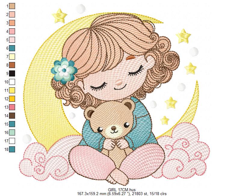 Baby girl with moon embroidery designs - Girl with short hair machine embroidery pattern - Princess with teddy bear file - Instant download