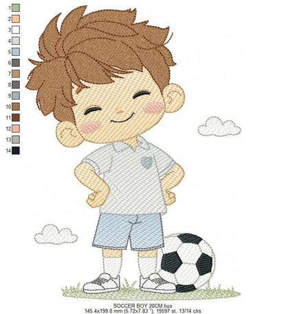 Soccer player embroidery designs - Baby Boy machine embroidery file - Boy with soccer ball file - Instant digital download pes jef dst hus