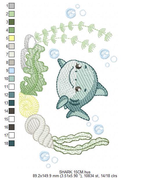 Shark embroidery designs - Ocean animals machine pattern - Shark with shells bubbles and algae frame - Instant download pes jef dst hus vp3