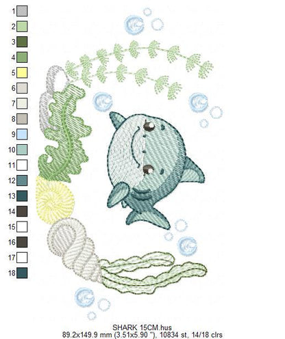Shark embroidery designs - Ocean animals machine pattern - Shark with shells bubbles and algae frame - Instant download pes jef dst hus vp3