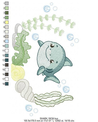 Shark embroidery designs - Ocean animals machine pattern - Shark with shells bubbles and algae frame - Instant download pes jef dst hus vp3