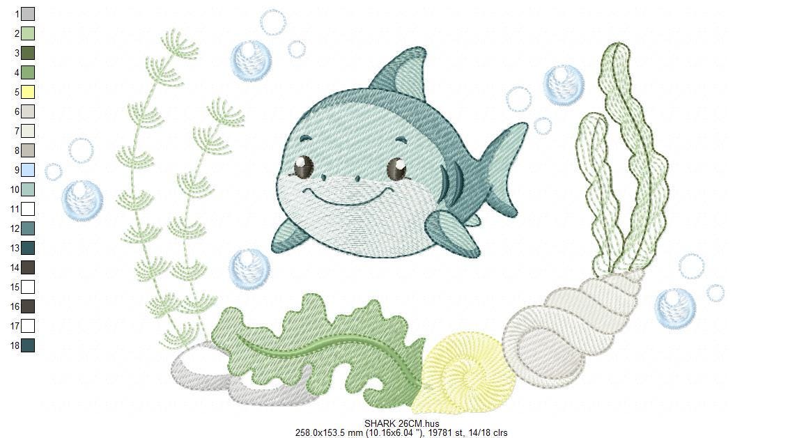 Shark embroidery designs - Ocean animals machine pattern - Shark with shells bubbles and algae frame - Instant download pes jef dst hus vp3