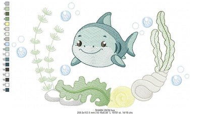 Shark embroidery designs - Ocean animals machine pattern - Shark with shells bubbles and algae frame - Instant download pes jef dst hus vp3