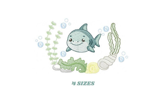 Shark embroidery designs - Ocean animals machine pattern - Shark with shells bubbles and algae frame - Instant download pes jef dst hus vp3