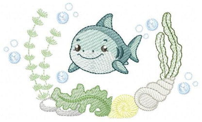 Shark embroidery designs - Ocean animals machine pattern - Shark with shells bubbles and algae frame - Instant download pes jef dst hus vp3