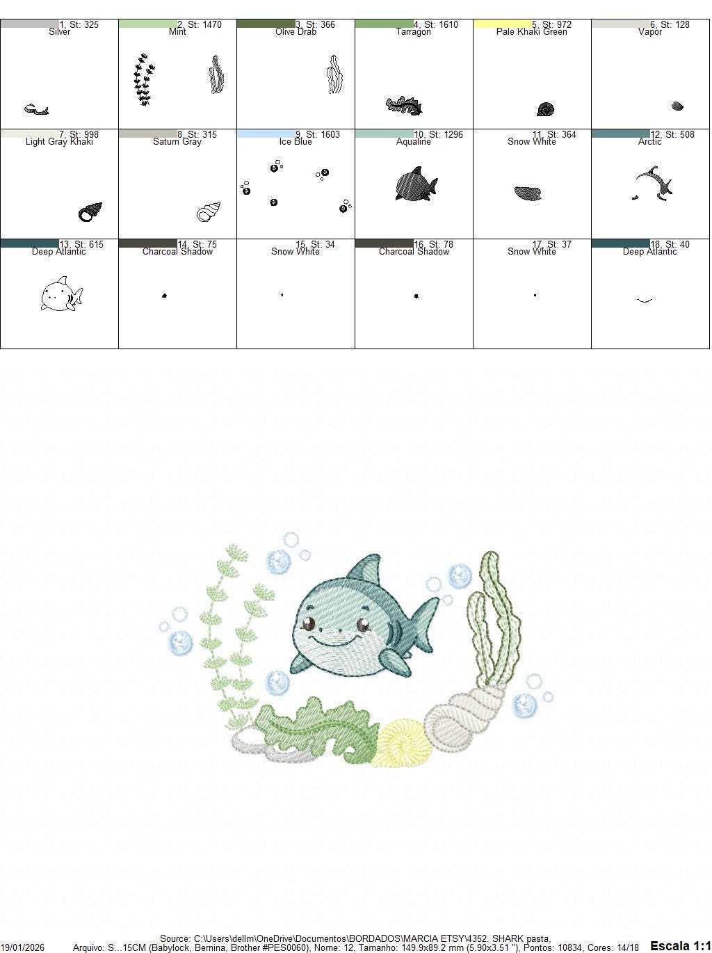 Shark embroidery designs - Ocean animals machine pattern - Shark with shells bubbles and algae frame - Instant download pes jef dst hus vp3