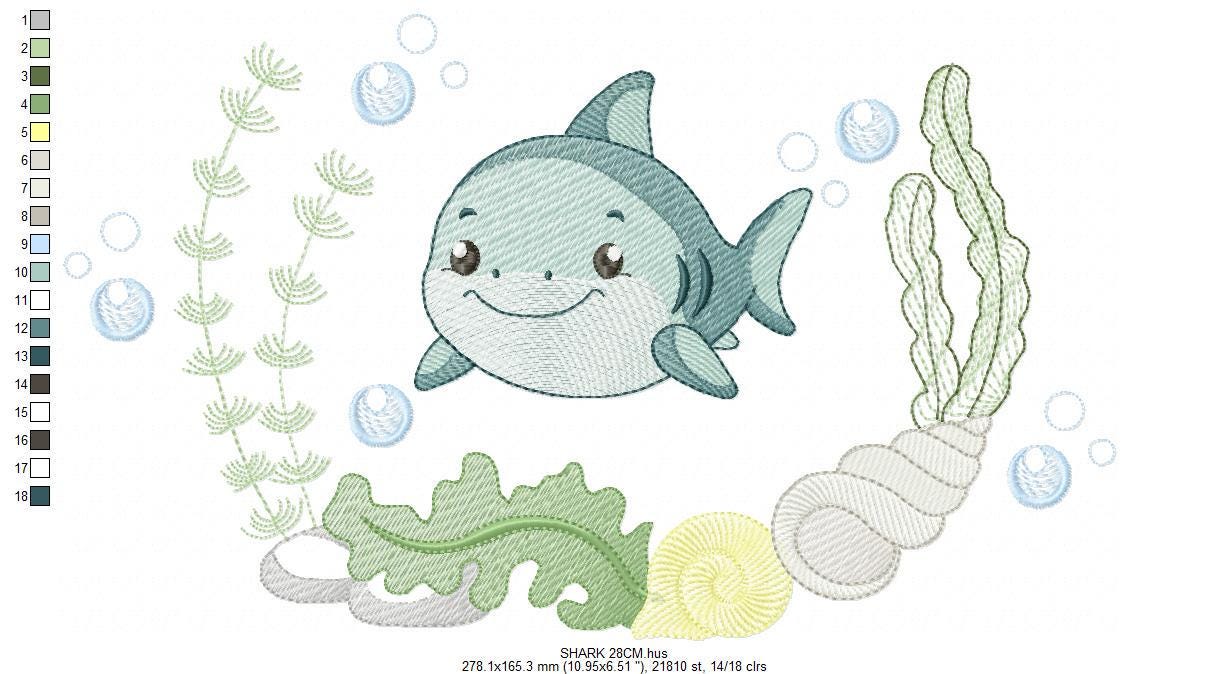 Shark embroidery designs - Ocean animals machine pattern - Shark with shells bubbles and algae frame - Instant download pes jef dst hus vp3