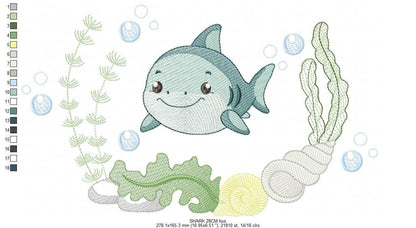 Shark embroidery designs - Ocean animals machine pattern - Shark with shells bubbles and algae frame - Instant download pes jef dst hus vp3