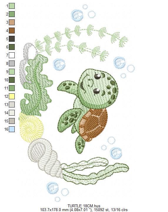 Turtle embroidery designs - Ocean animals machine pattern - Turtle with shells bubbles and algae frame - Instant download pes jef dst hus