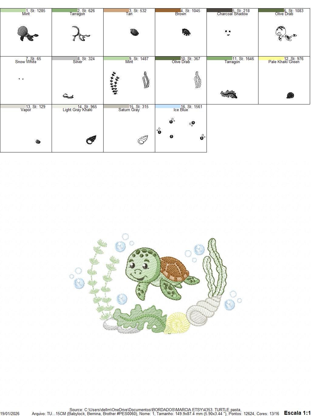 Turtle embroidery designs - Ocean animals machine pattern - Turtle with shells bubbles and algae frame - Instant download pes jef dst hus
