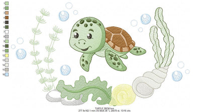 Turtle embroidery designs - Ocean animals machine pattern - Turtle with shells bubbles and algae frame - Instant download pes jef dst hus