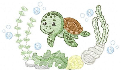 Turtle embroidery designs - Ocean animals machine pattern - Turtle with shells bubbles and algae frame - Instant download pes jef dst hus