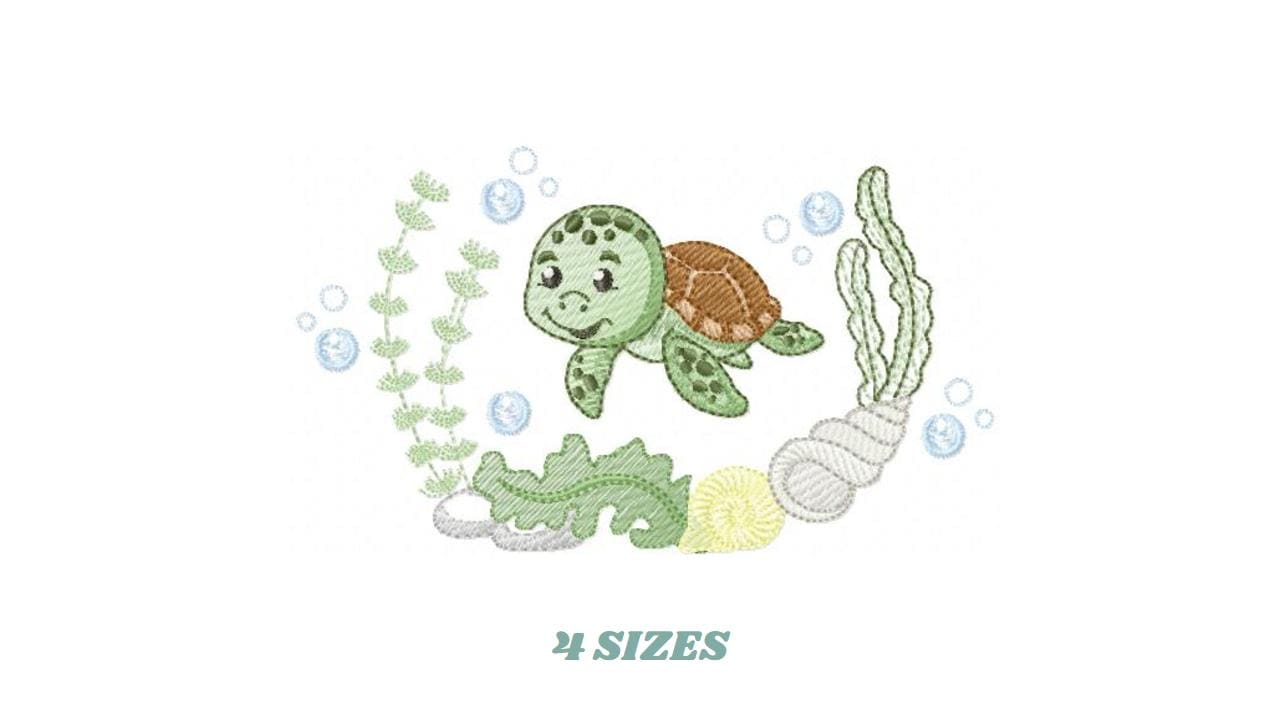 Turtle embroidery designs - Ocean animals machine pattern - Turtle with shells bubbles and algae frame - Instant download pes jef dst hus