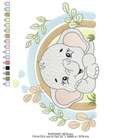 Elephant embroidery designs - Safari Wild Animal machine embroidery pattern - Baby Boy file - Flowers and rainbow - Instant digital download