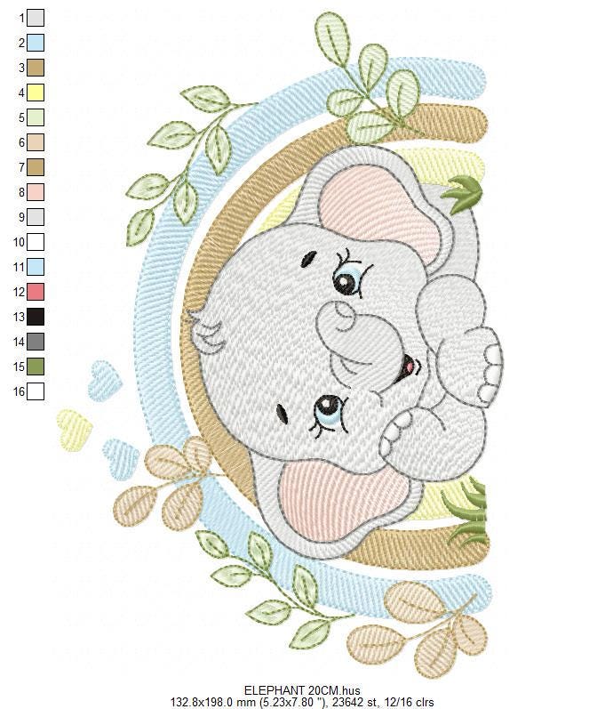 Elephant embroidery designs - Safari Wild Animal machine embroidery pattern - Baby Boy file - Flowers and rainbow - Instant digital download