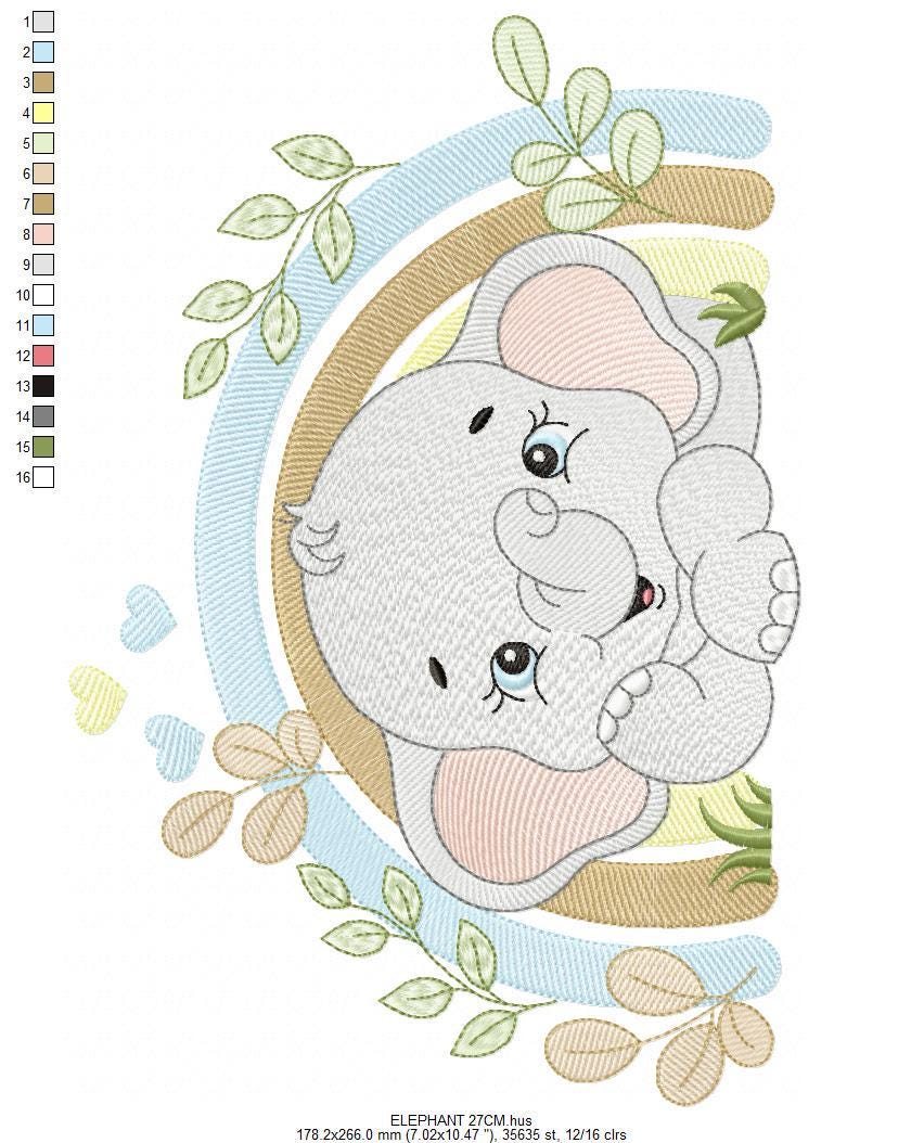 Elephant embroidery designs - Safari Wild Animal machine embroidery pattern - Baby Boy file - Flowers and rainbow - Instant digital download
