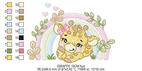 Giraffe with rainbow embroidery design - Female Wild Animal machine embroidery pattern - Baby girl file - Instant download pes jef dst hus