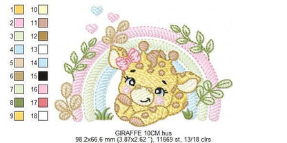 Giraffe with rainbow embroidery design - Female Wild Animal machine embroidery pattern - Baby girl file - Instant download pes jef dst hus