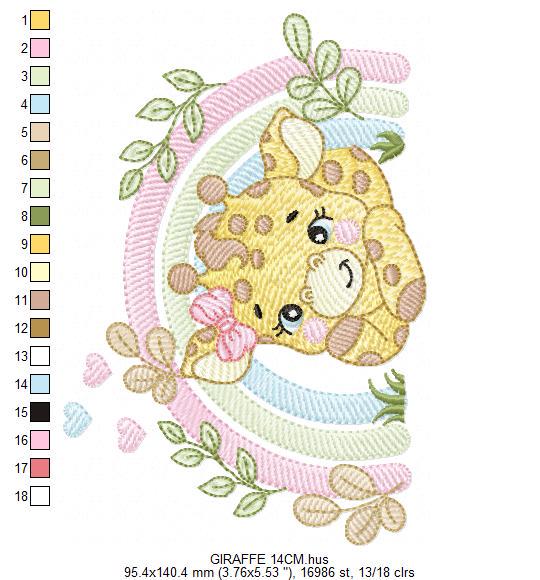 Giraffe with rainbow embroidery design - Female Wild Animal machine embroidery pattern - Baby girl file - Instant download pes jef dst hus