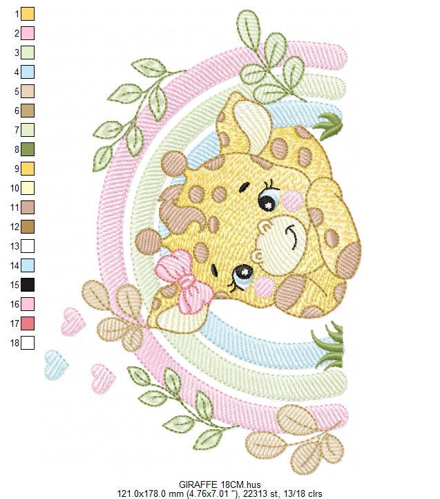 Giraffe with rainbow embroidery design - Female Wild Animal machine embroidery pattern - Baby girl file - Instant download pes jef dst hus