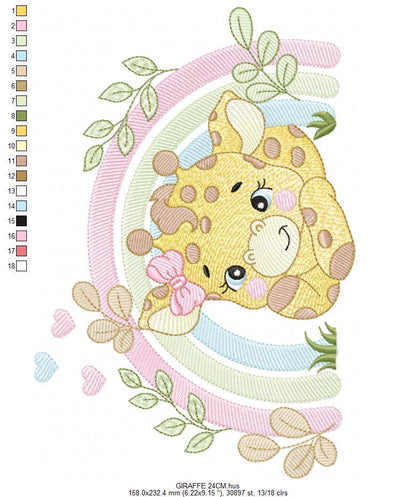 Giraffe with rainbow embroidery design - Female Wild Animal machine embroidery pattern - Baby girl file - Instant download pes jef dst hus