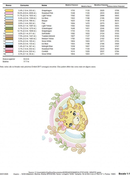 Giraffe with rainbow embroidery design - Female Wild Animal machine embroidery pattern - Baby girl file - Instant download pes jef dst hus