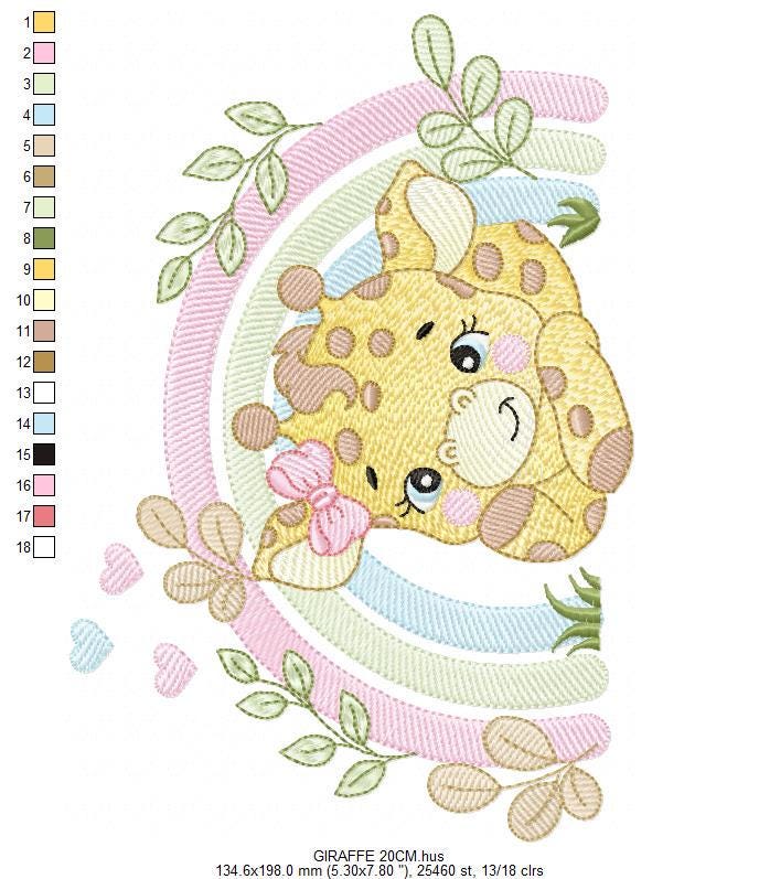 Giraffe with rainbow embroidery design - Female Wild Animal machine embroidery pattern - Baby girl file - Instant download pes jef dst hus
