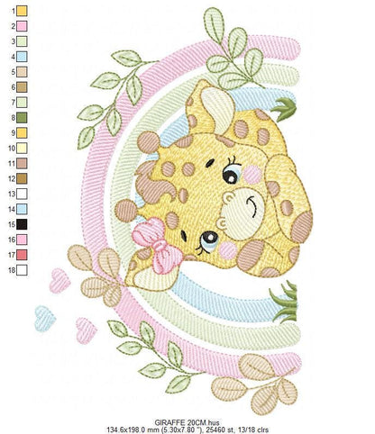 Giraffe with rainbow embroidery design - Female Wild Animal machine embroidery pattern - Baby girl file - Instant download pes jef dst hus