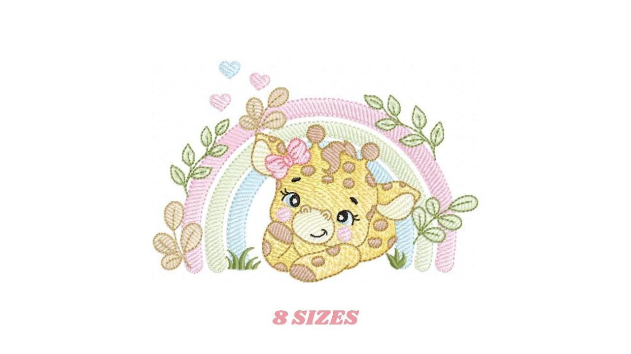 Giraffe with rainbow embroidery design - Female Wild Animal machine embroidery pattern - Baby girl file - Instant download pes jef dst hus