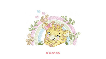 Giraffe with rainbow embroidery design - Female Wild Animal machine embroidery pattern - Baby girl file - Instant download pes jef dst hus