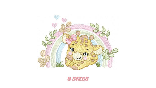 Giraffe with rainbow embroidery design - Female Wild Animal machine embroidery pattern - Baby girl file - Instant download pes jef dst hus