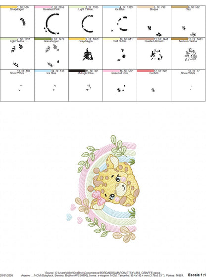 Giraffe with rainbow embroidery design - Female Wild Animal machine embroidery pattern - Baby girl file - Instant download pes jef dst hus