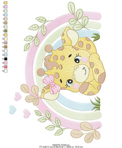 Giraffe with rainbow embroidery design - Female Wild Animal machine embroidery pattern - Baby girl file - Instant download pes jef dst hus
