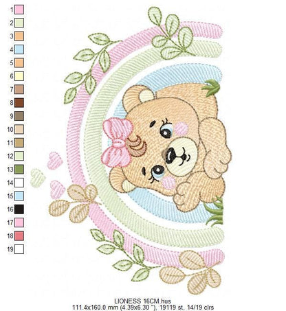 Lioness embroidery designs - Safari wild animal machine embroidery pattern - Baby girl rainbow file - Female Lion - Instant download pes jef