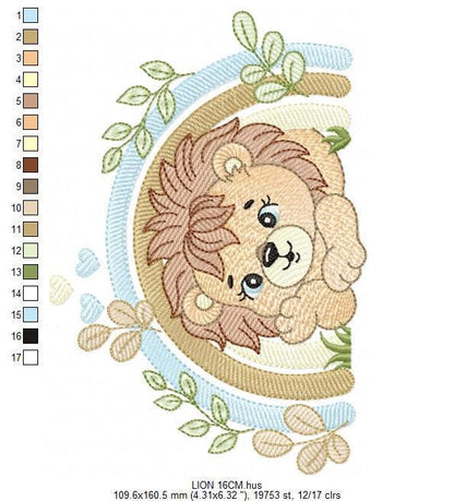 Lion embroidery designs - Safari wild animal machine embroidery pattern - Baby boy file - Rainbow and flowers - Instant digital download pes