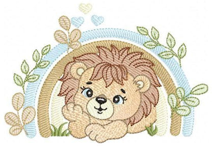 Lion embroidery designs - Safari wild animal machine embroidery pattern - Baby boy file - Rainbow and flowers - Instant digital download pes