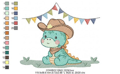 Dinosaur with cowboy hat embroidery designs - Birthday Party Dino with flags machine embroidery pattern - Baby Boy file - Instant download