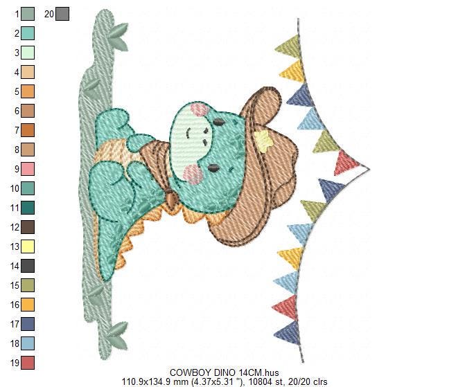 Dinosaur with cowboy hat embroidery designs - Birthday Party Dino with flags machine embroidery pattern - Baby Boy file - Instant download